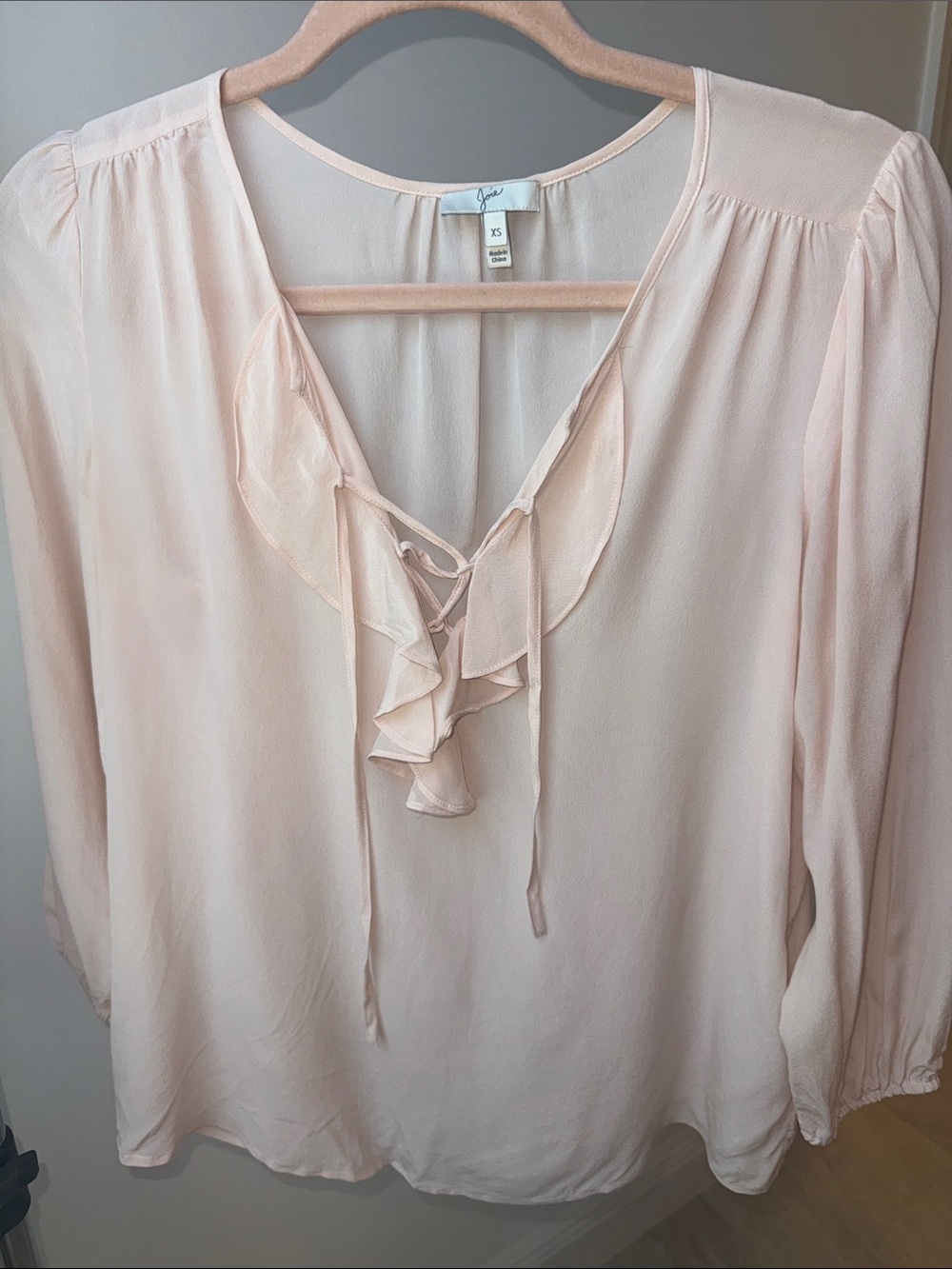 Joie Pale Pink Ruffle Tie-Neck Blouse